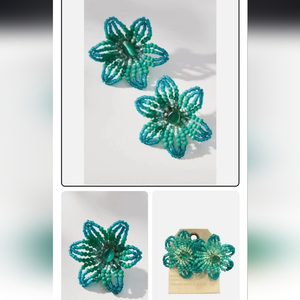 Anthropologie Teal Beaded Floral Earrings Nwt